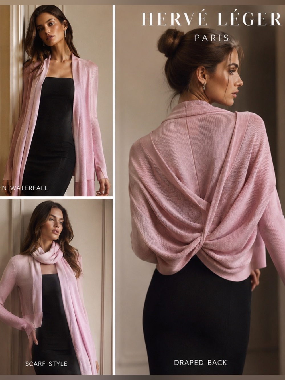 Hervé Léger Paris Pink Convertible Draped Scarf Cardigan Wrap Sweater XS/S